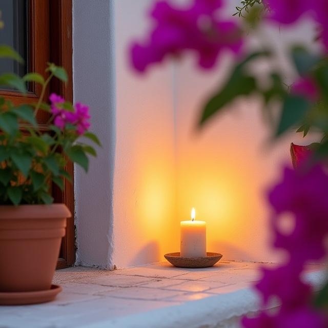 Vela encendida en un rincón de un patio andaluz encalado, rodeado de vibrantes buganvillas.